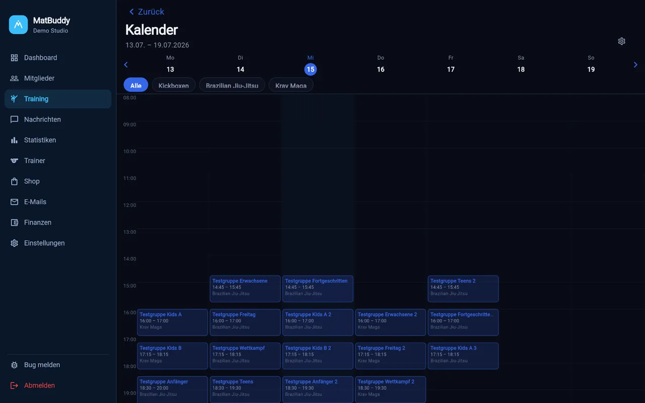 Wochenkalender mit allen Kursen