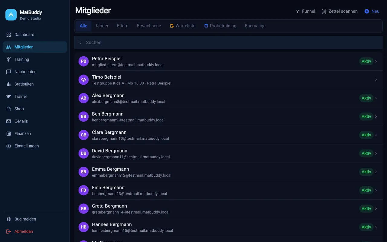 Mitgliederverwaltung mit Filtern und Status