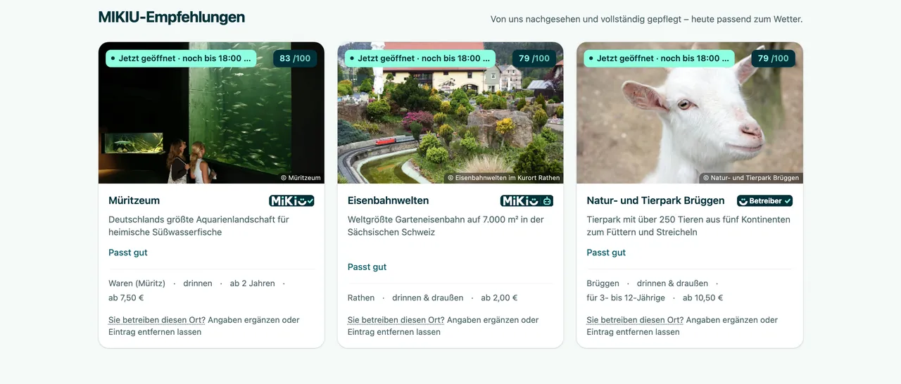 Empfehlungen mit Öffnungszeit und Bewertung