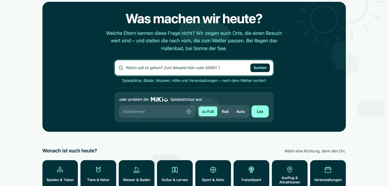 Startseite mit Ortssuche und Spielplatztour